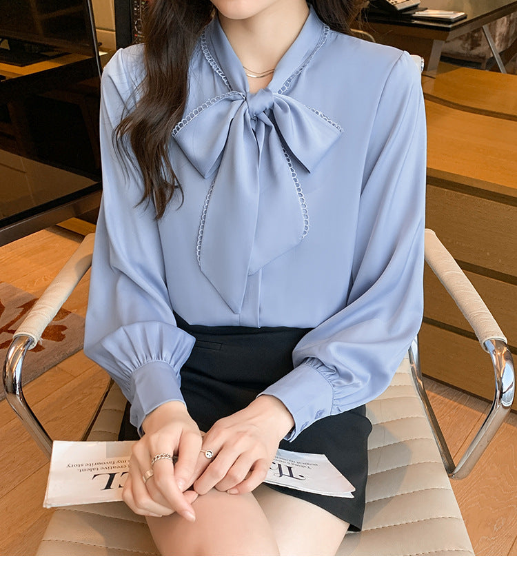 リボン付きブラウス【アクアブルー】