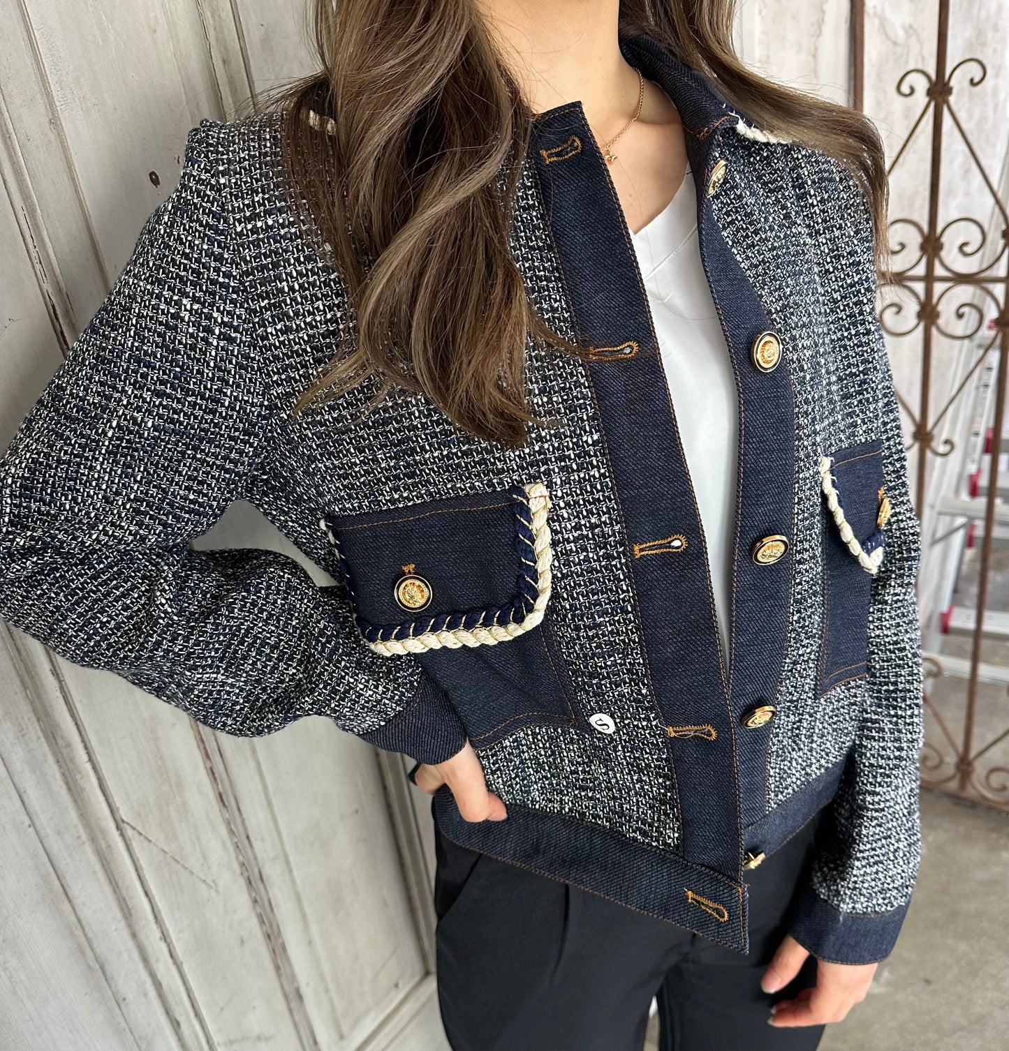 デニム・ツイード素材ショートジャケット