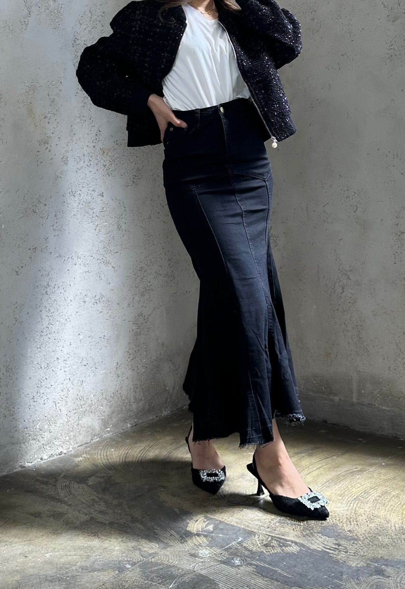 【ブラック】ツイード素材ショート丈ブルゾン