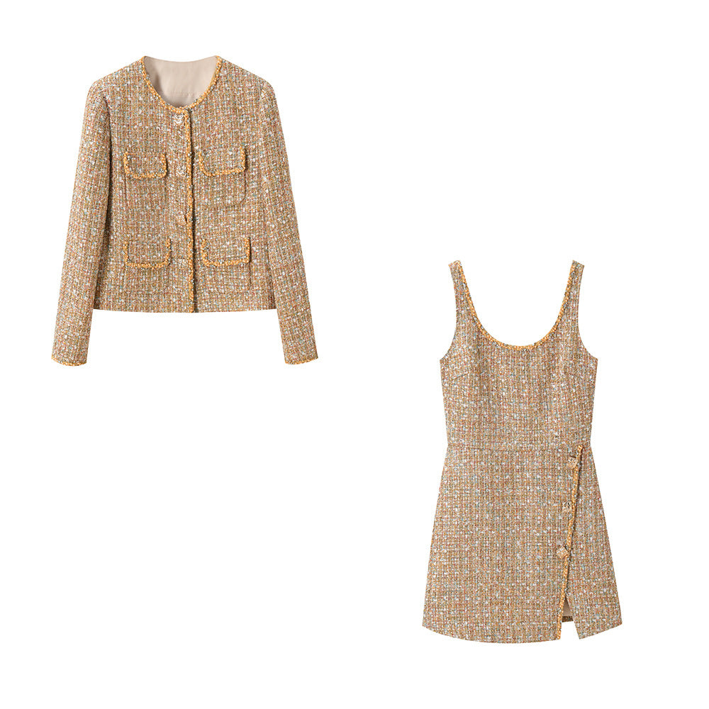 キャメルミックスツイードジャケット×ワンピース