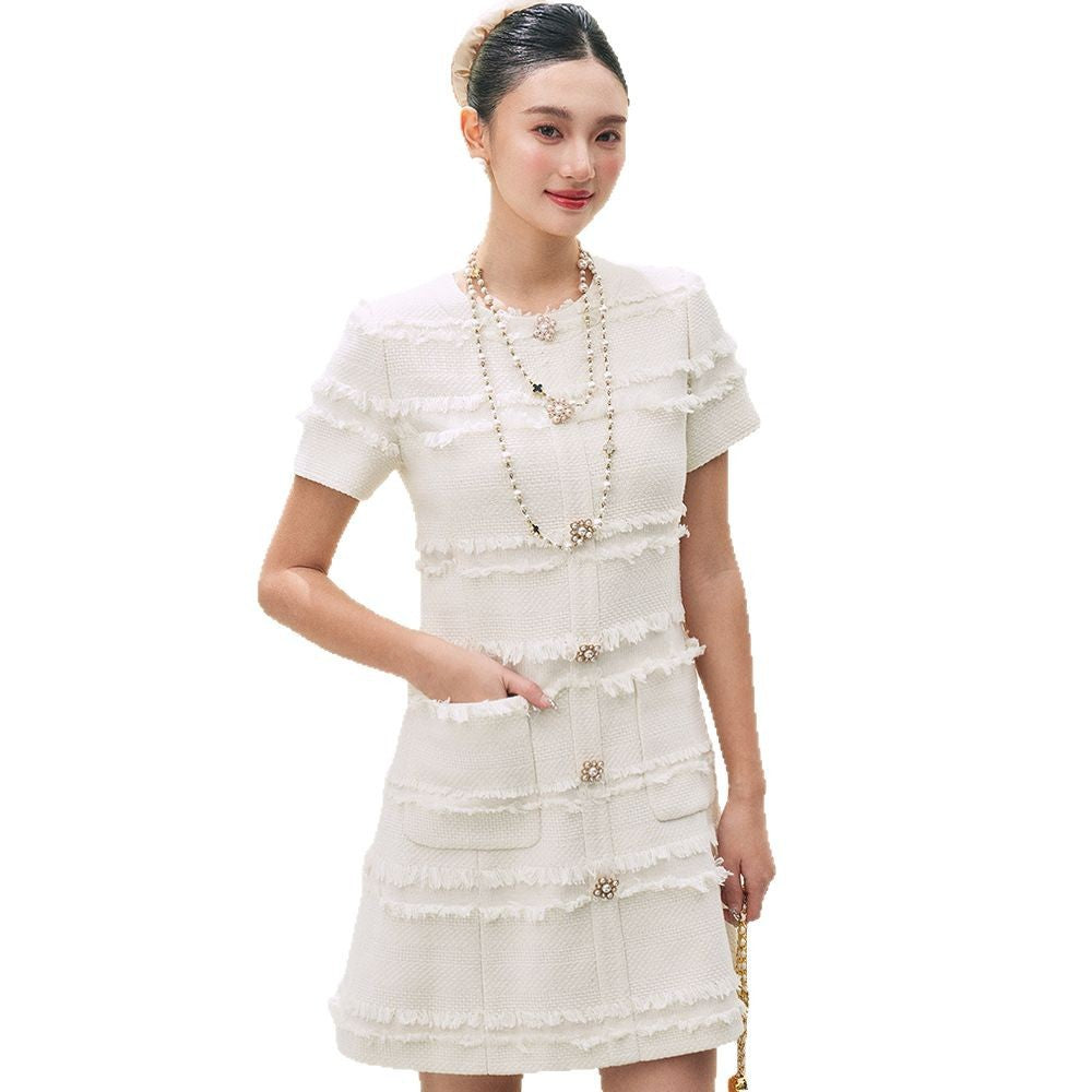 ビジューボタンツイードホワイトリネアワンピース