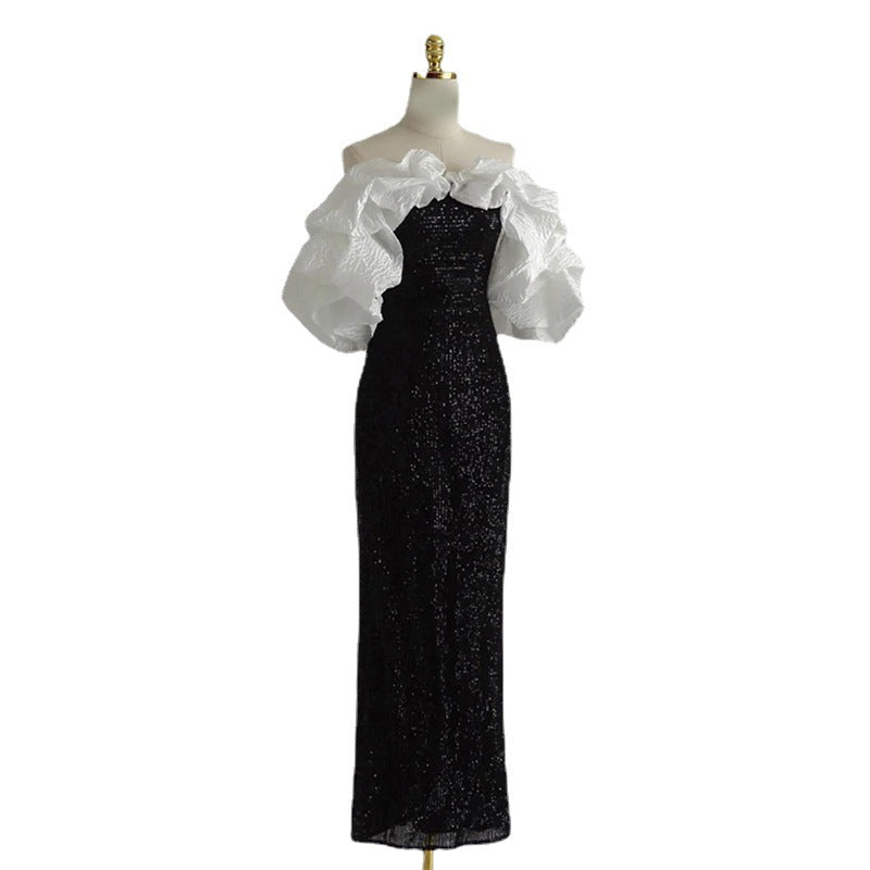 パフスリーブオフショルバイカラーワンピ