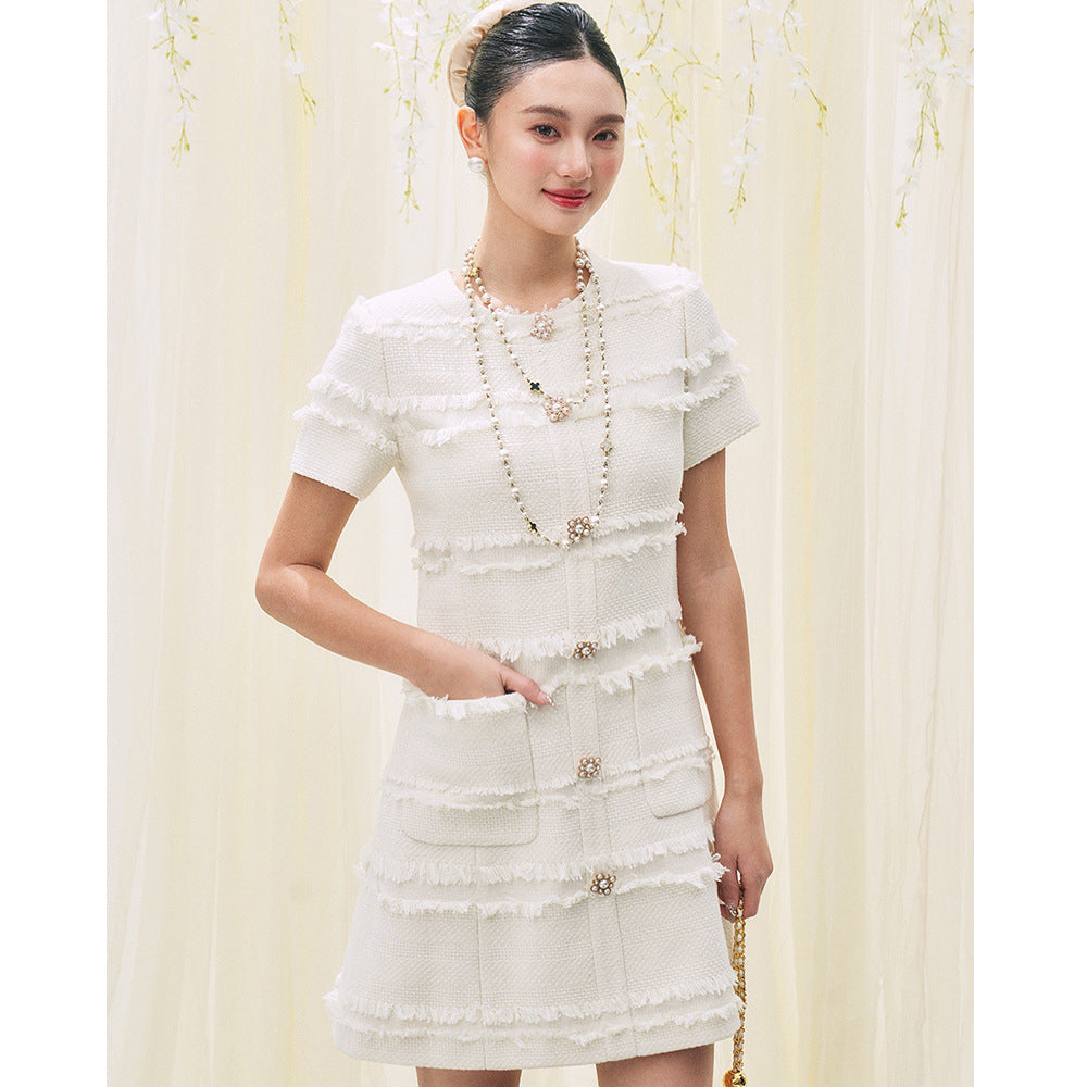 ビジューボタンツイードホワイトリネアワンピース