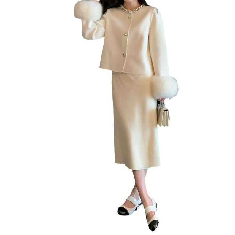 ビジューファースリーブショートコート×スカートセットアップ