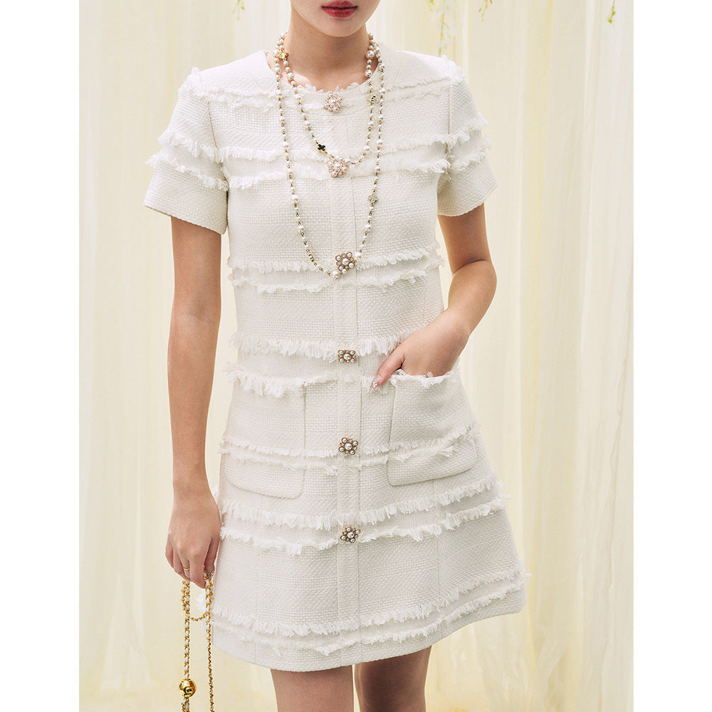 ビジューボタンツイードホワイトリネアワンピース