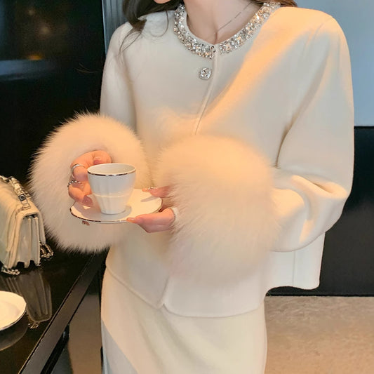 ビジューファースリーブショートコート×スカートセットアップ